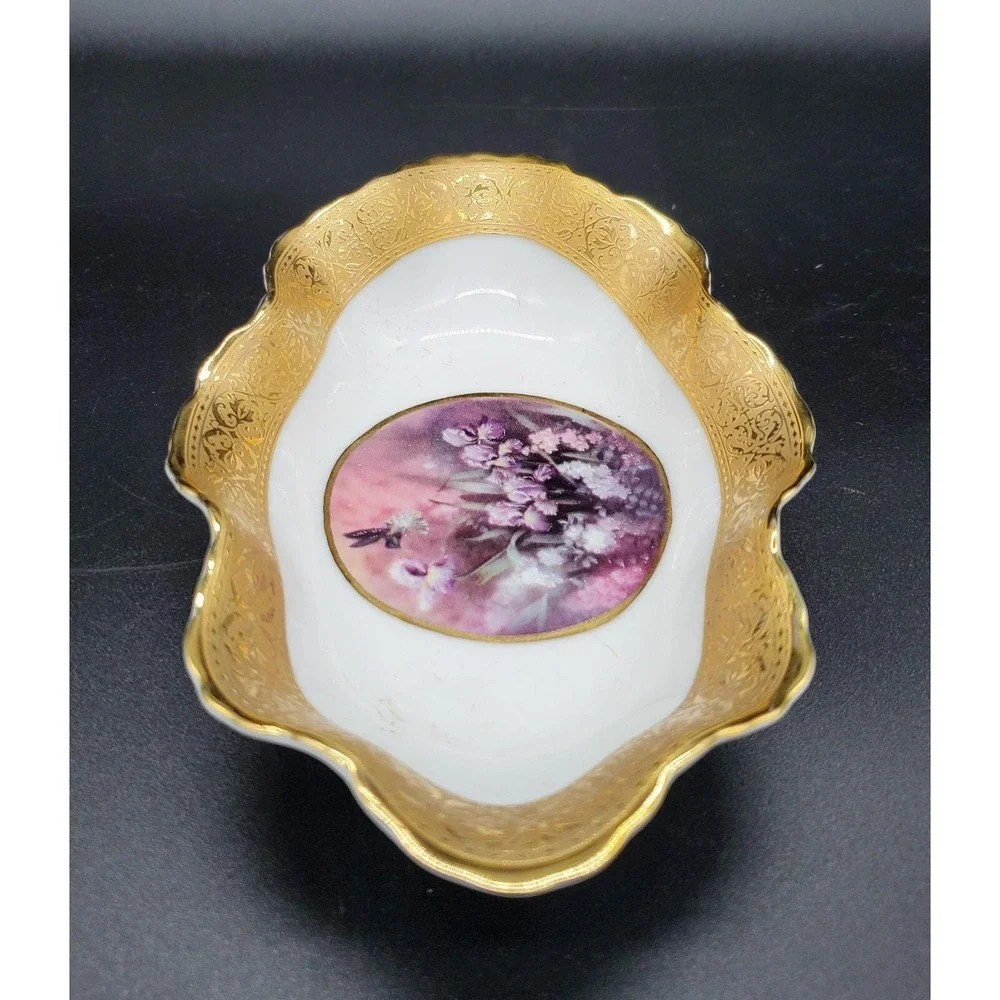 Limoges France Versailles Porcelain Trinket Dish Wavy Gold Gilt Purple Flower 7
